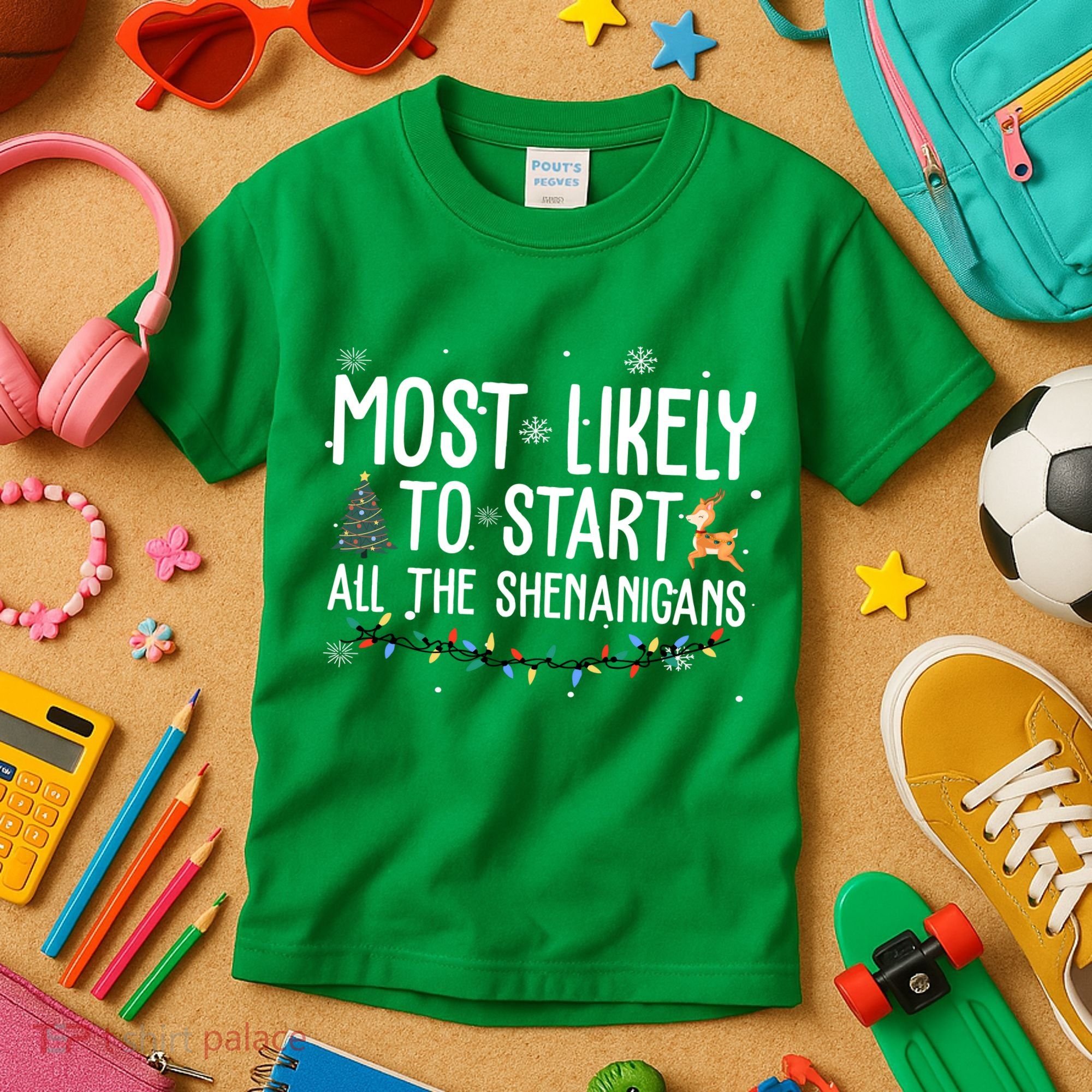 Most Likely To Start All The Shenanigans Funny Christmas Kids T-Shirt