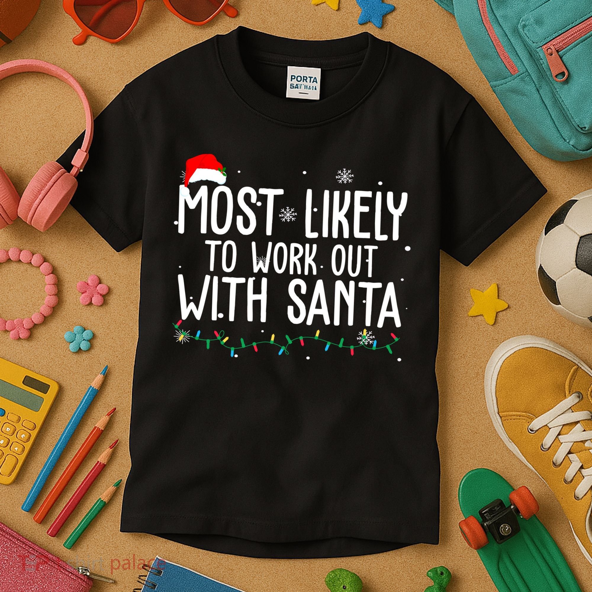 Most Likely To Work Out With Santa Funny Christmas Kids T-Shirt