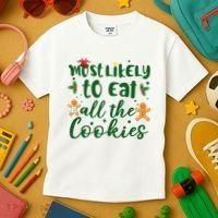 Most Likely To Eat All The Cookies Funny Christmas Kids T-Shirt thumb 3