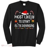 Most Likely To Start All The Shenanigans Family Christmas Sweatshirt thumb 0