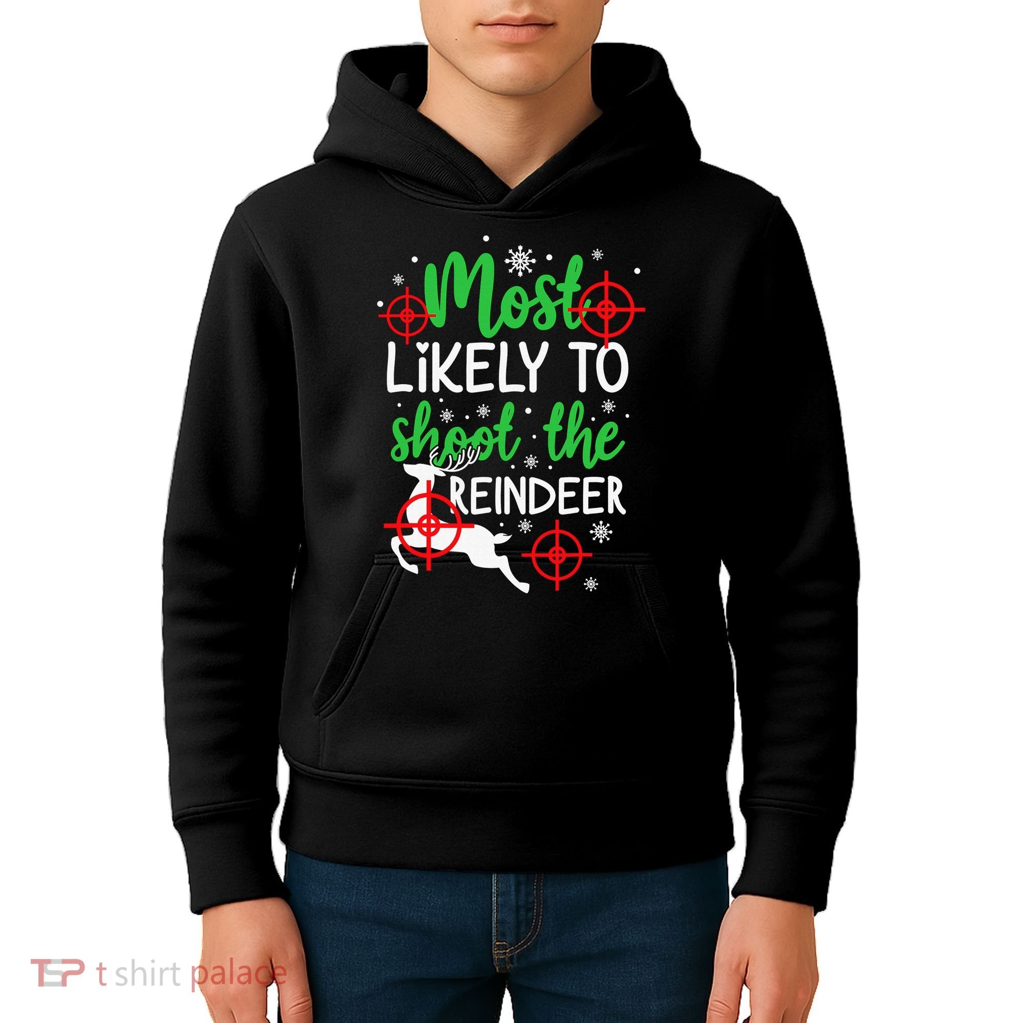 Most Likely To Shoot The Reindeer Funny Holiday Christmas Kids Hoodie