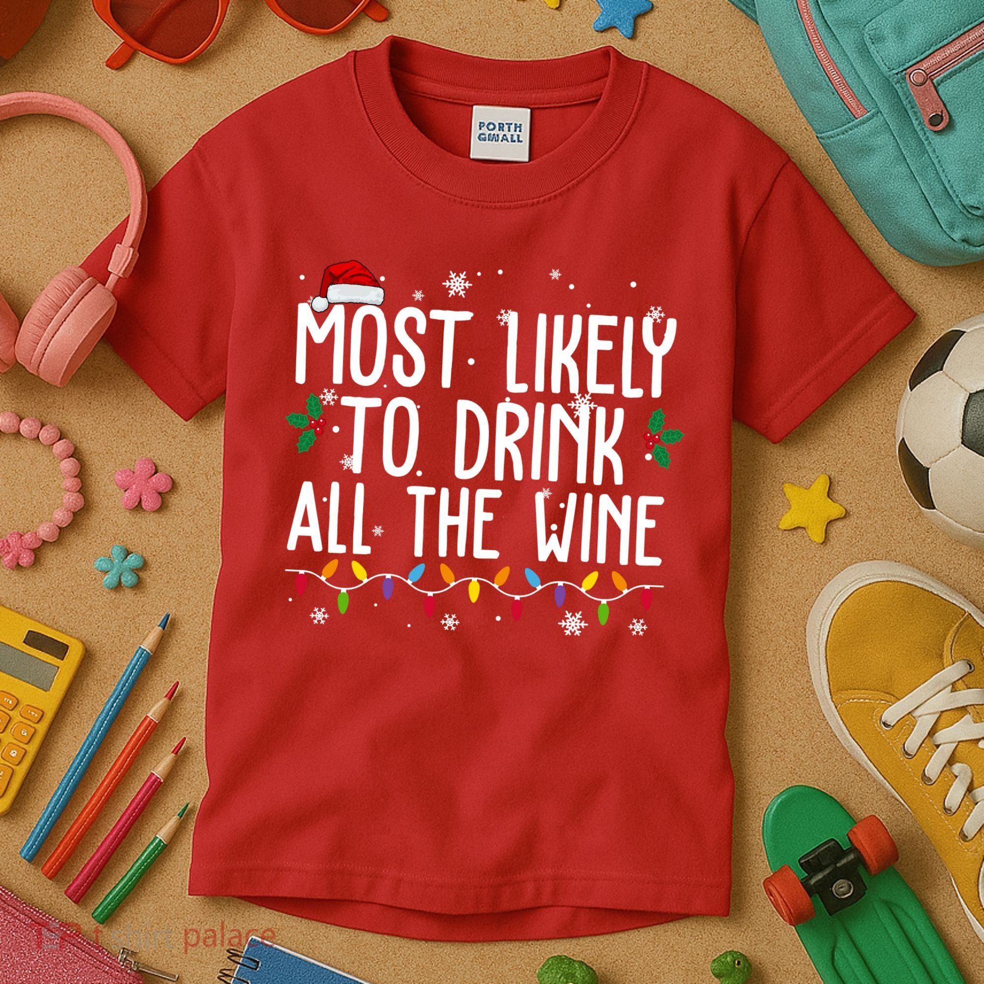 Most Likely To Drink All The Wine Funny Christmas Kids T-Shirt