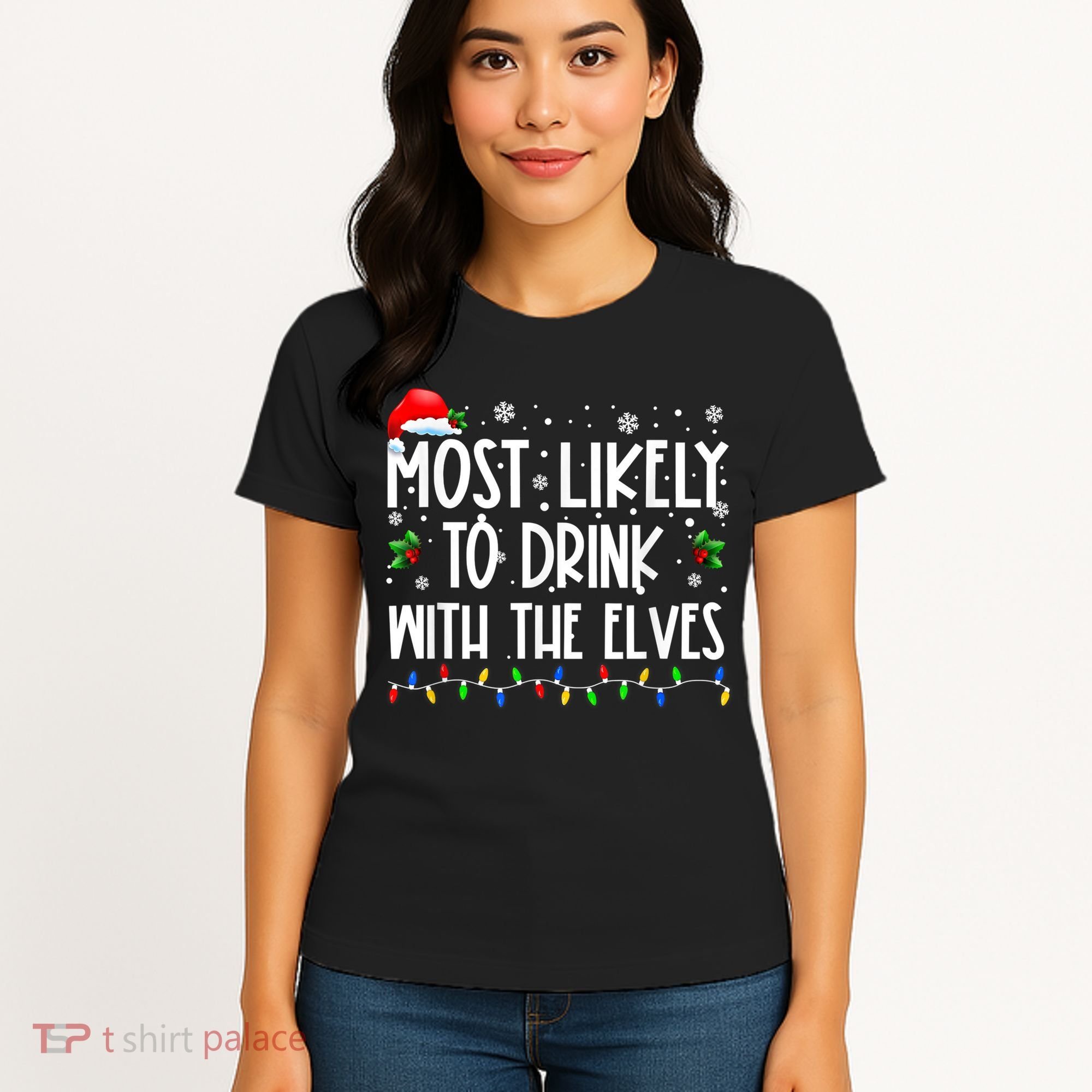 Most Likely To Drink With The Elves Elf Drinking Christmas Women's T-Shirt