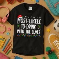 Most Likely To Drink With The Elves Elf Drinking Christmas Kids T-Shirt thumb 3