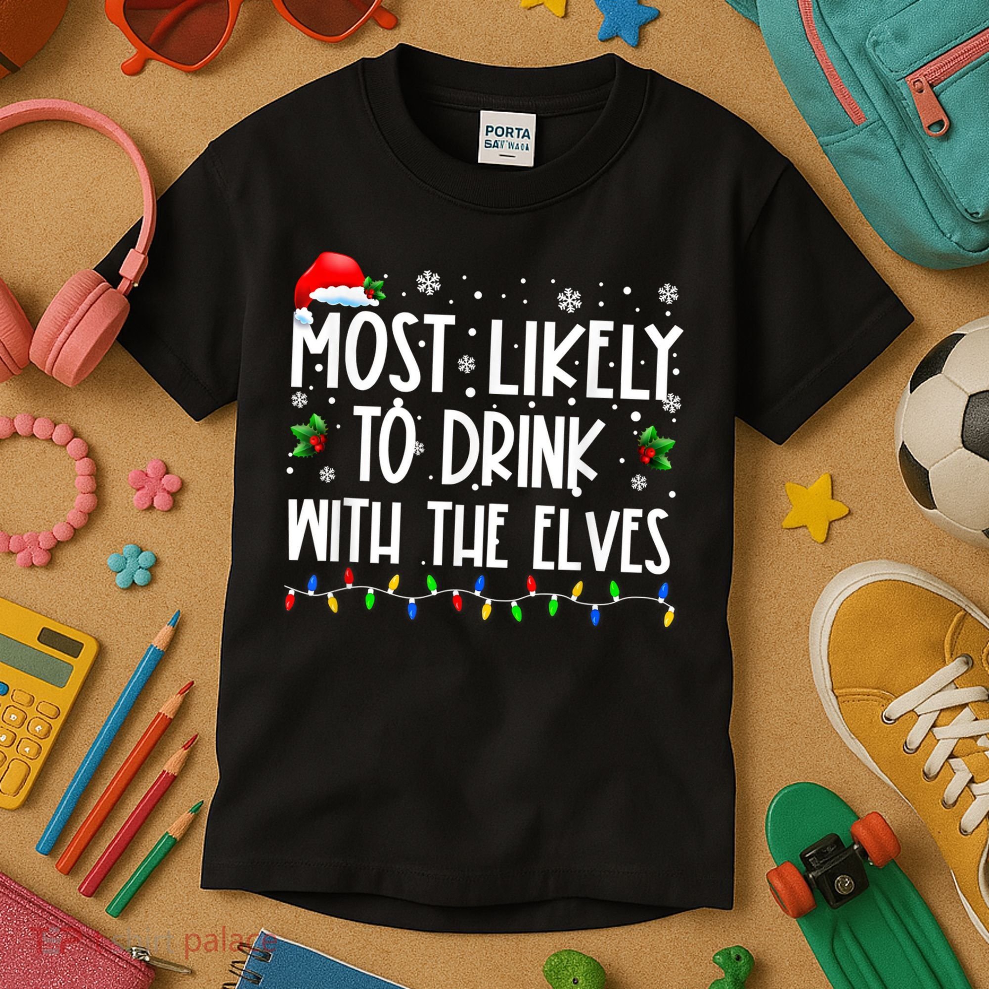 Most Likely To Drink With The Elves Elf Drinking Christmas Kids T-Shirt