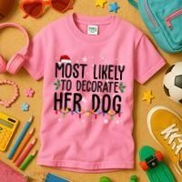 Most Likely To Decorate Her Dog Funny Christmas Kids T-Shirt thumb 3