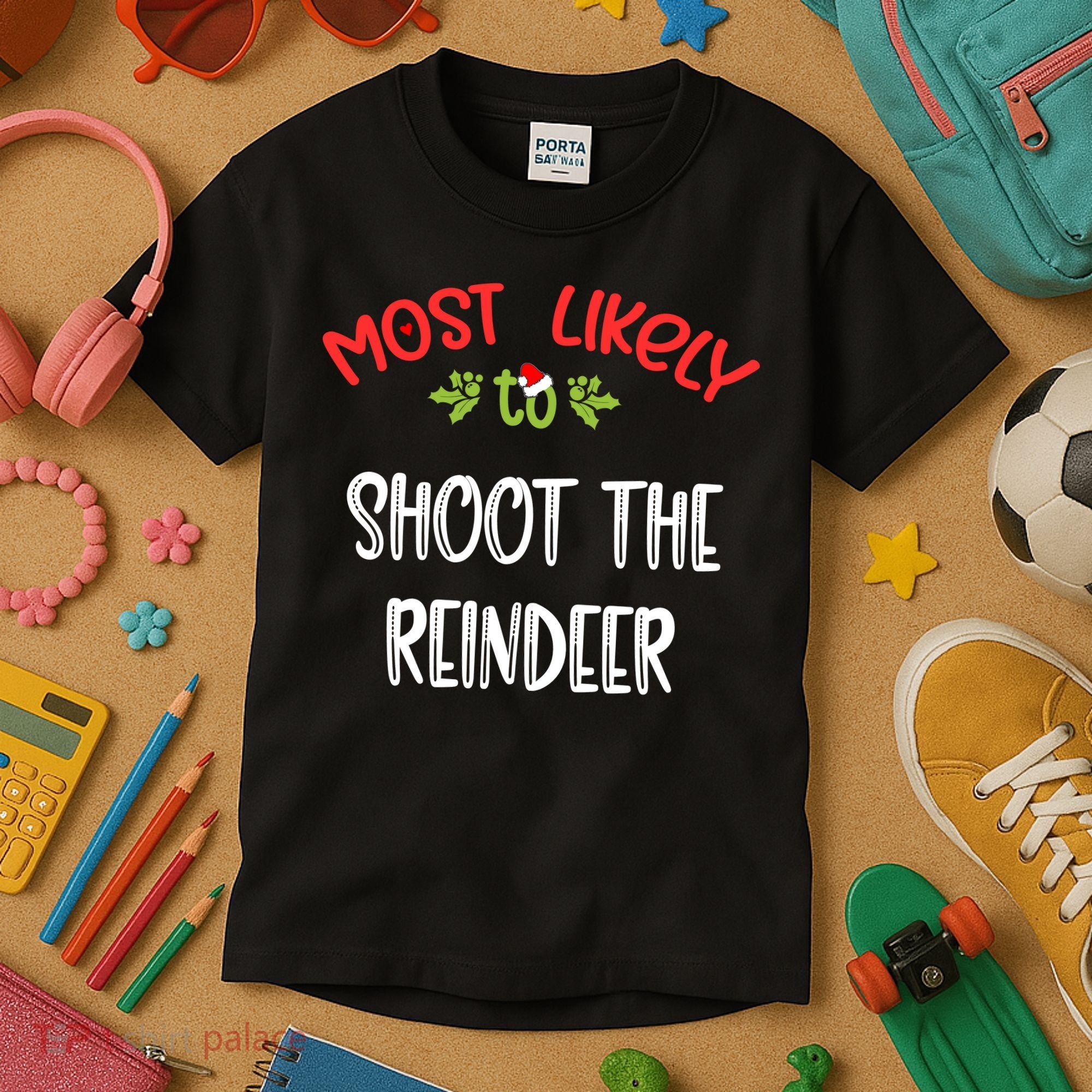 Most Likely To Christmas Shoot The Reindeer Family Group Kids T-Shirt