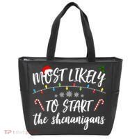 Most Likely To Start Shenanigans Funny Christmas Tote Bag thumb 0