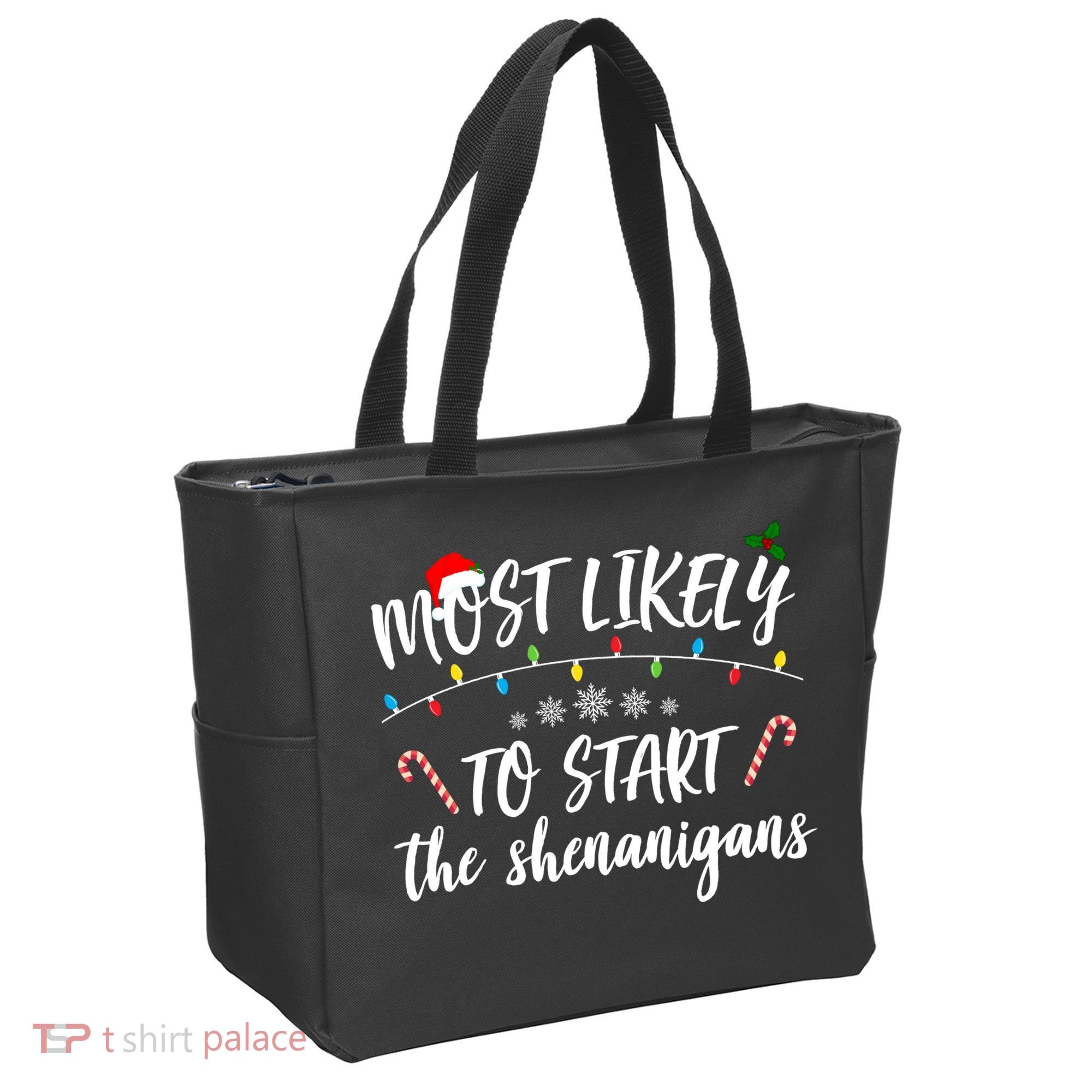 Most Likely To Start Shenanigans Funny Christmas Tote Bag