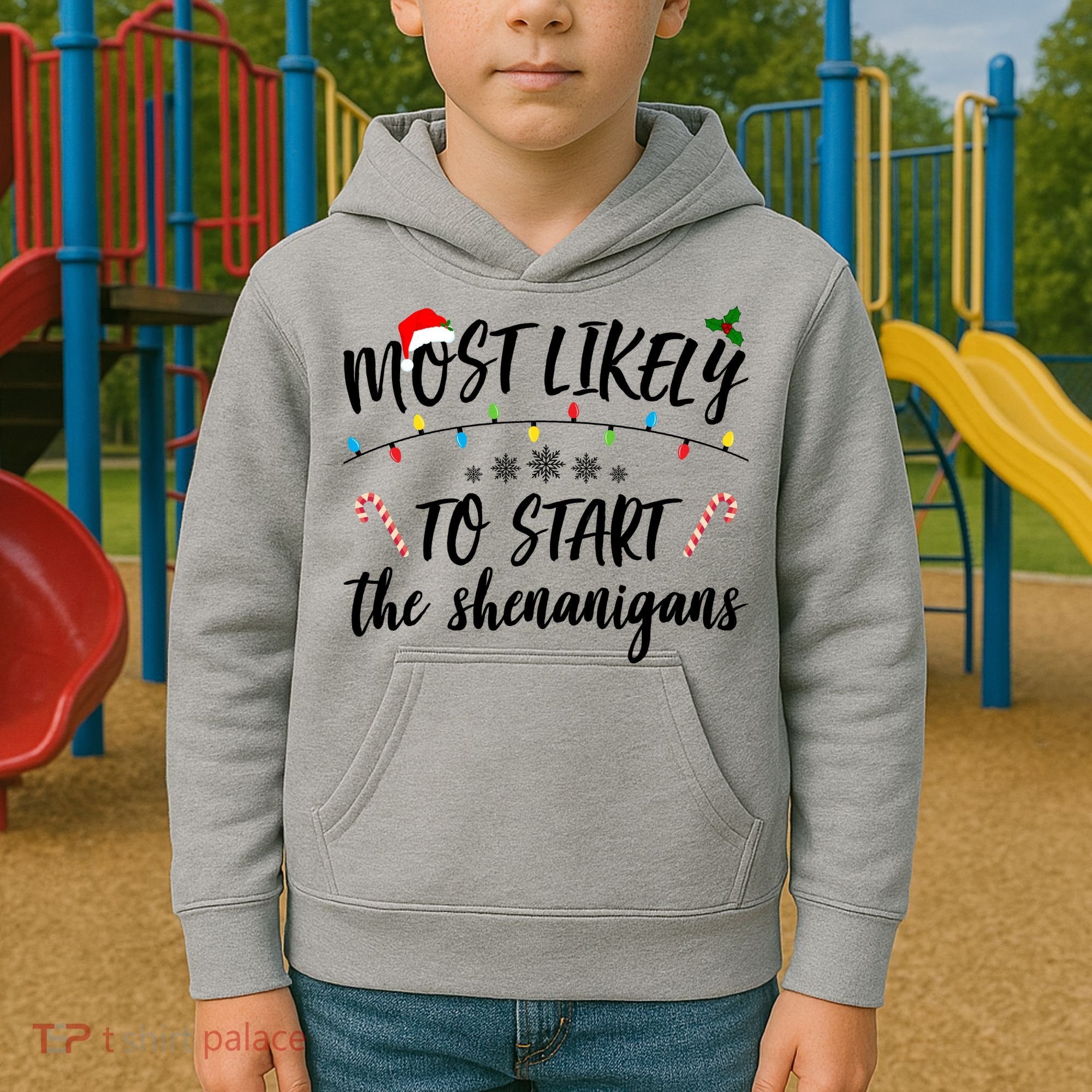 Most Likely To Start Shenanigans Funny Christmas Kids Hoodie