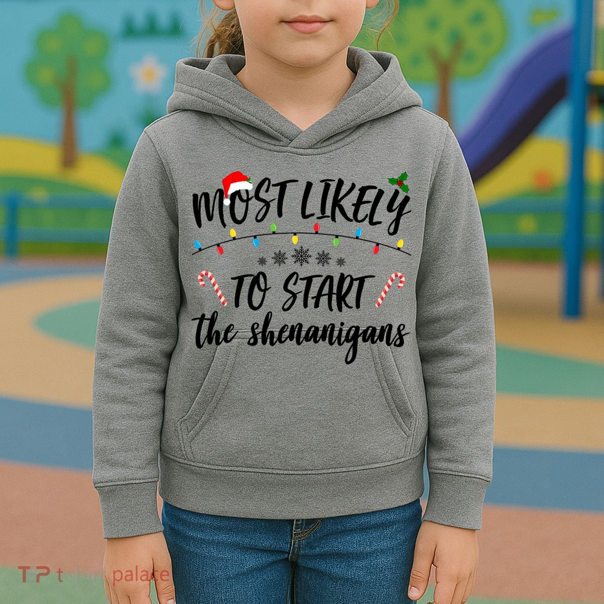 Most Likely To Start Shenanigans Funny Christmas Kids Hoodie