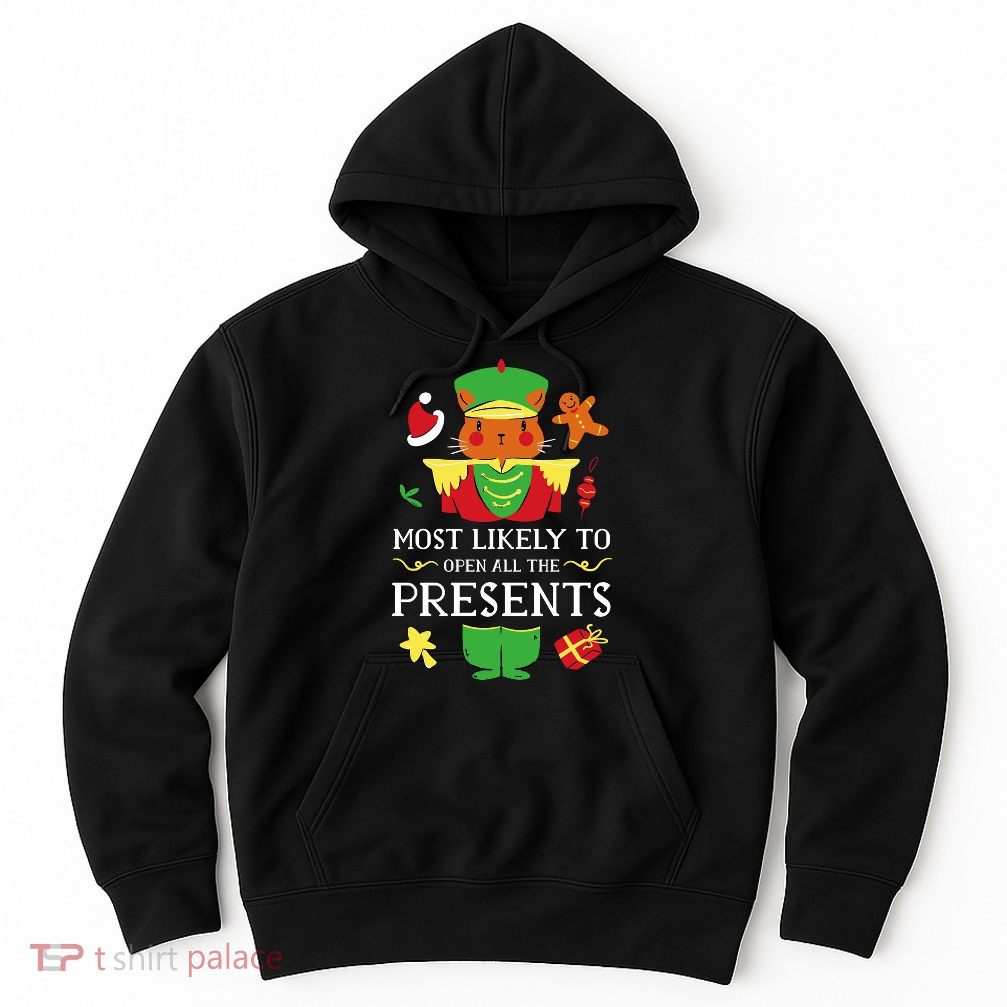 Most Likely To Open All The Presents Funny Christmas Cat Santa Hoodie