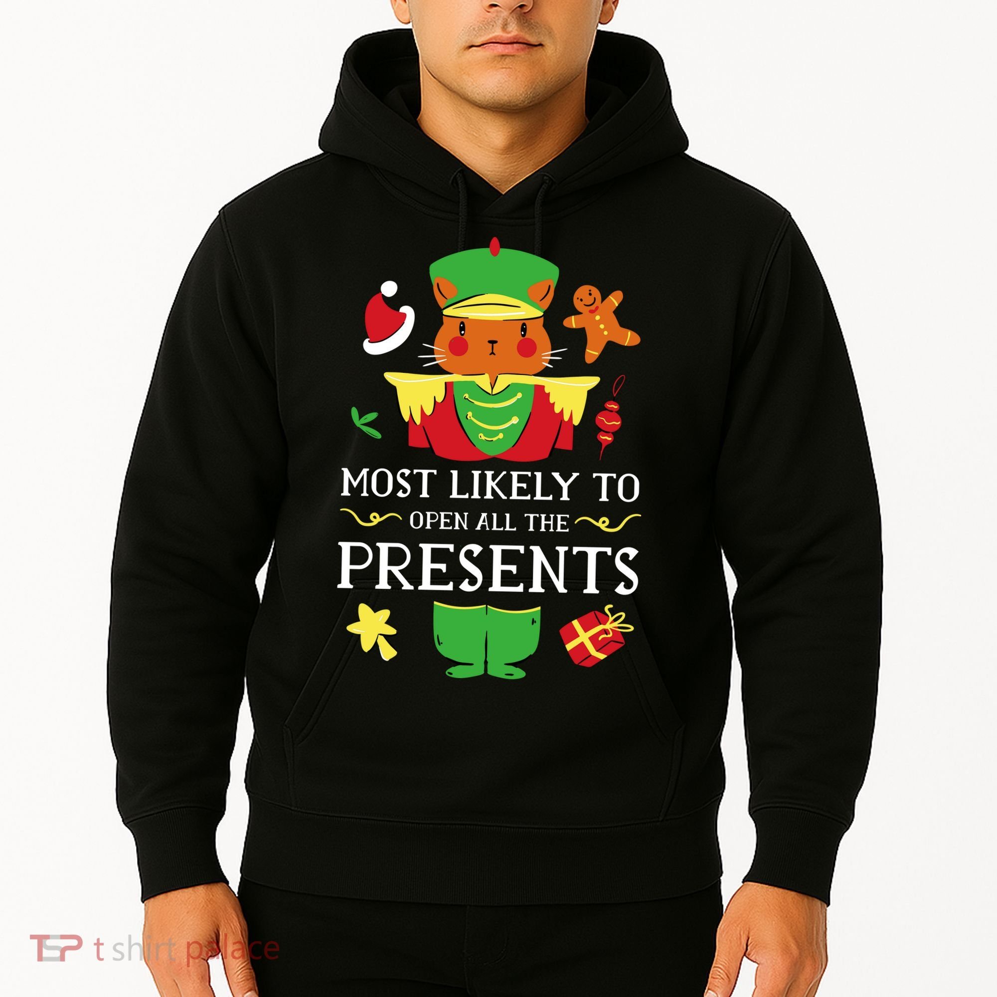 Most Likely To Open All The Presents Funny Christmas Cat Santa Hoodie