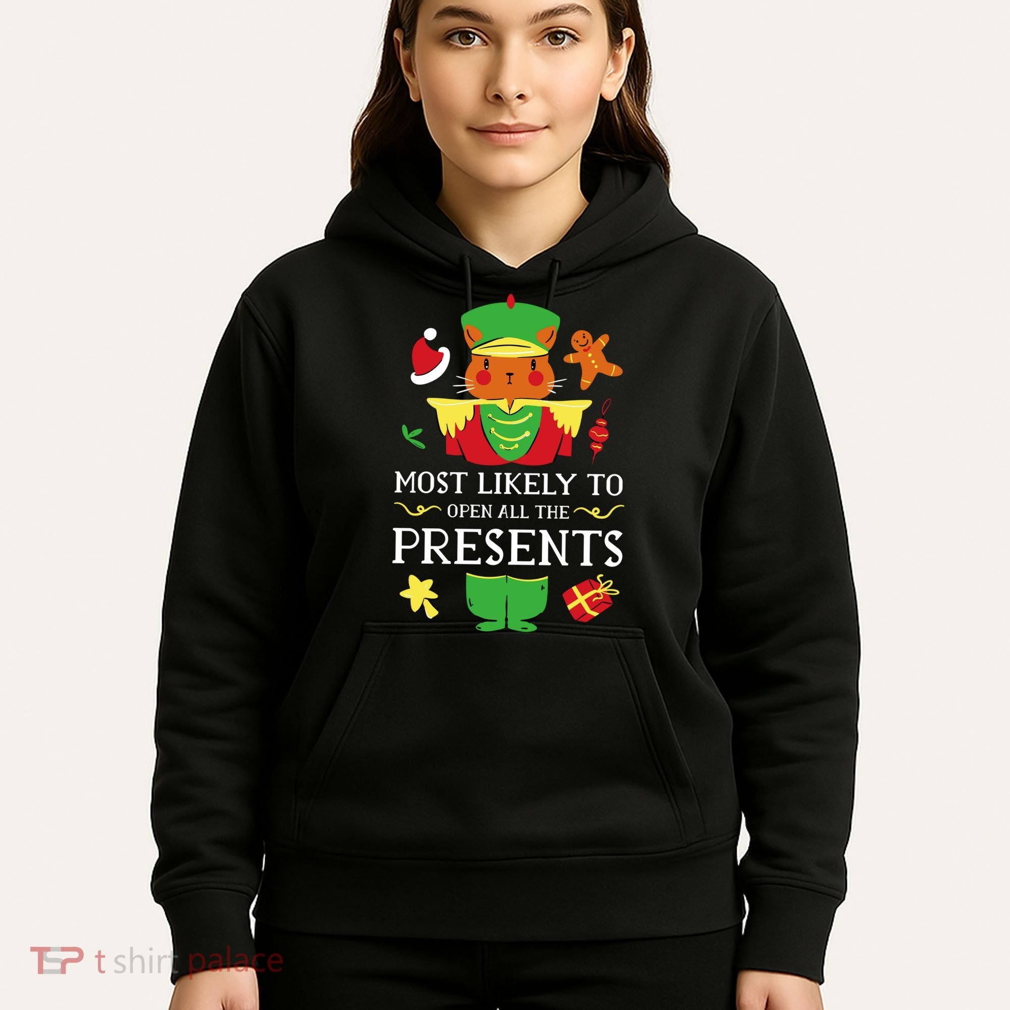 Most Likely To Open All The Presents Funny Christmas Cat Santa Hoodie