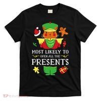 Most Likely To Open All The Presents Funny Christmas Cat Santa T-Shirt thumb 0