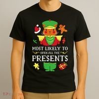 Most Likely To Open All The Presents Funny Christmas Cat Santa T-Shirt thumb 3