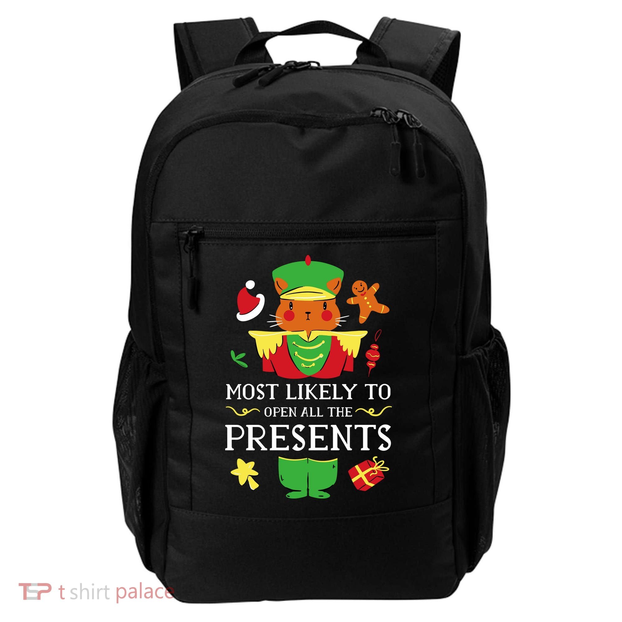 Most Likely To Open All The Presents Funny Christmas Cat Santa Backpack