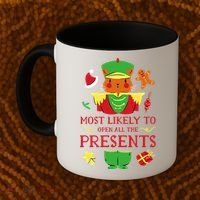 Most Likely To Open All The Presents Funny Christmas Cat Santa Coffee Mug thumb 2