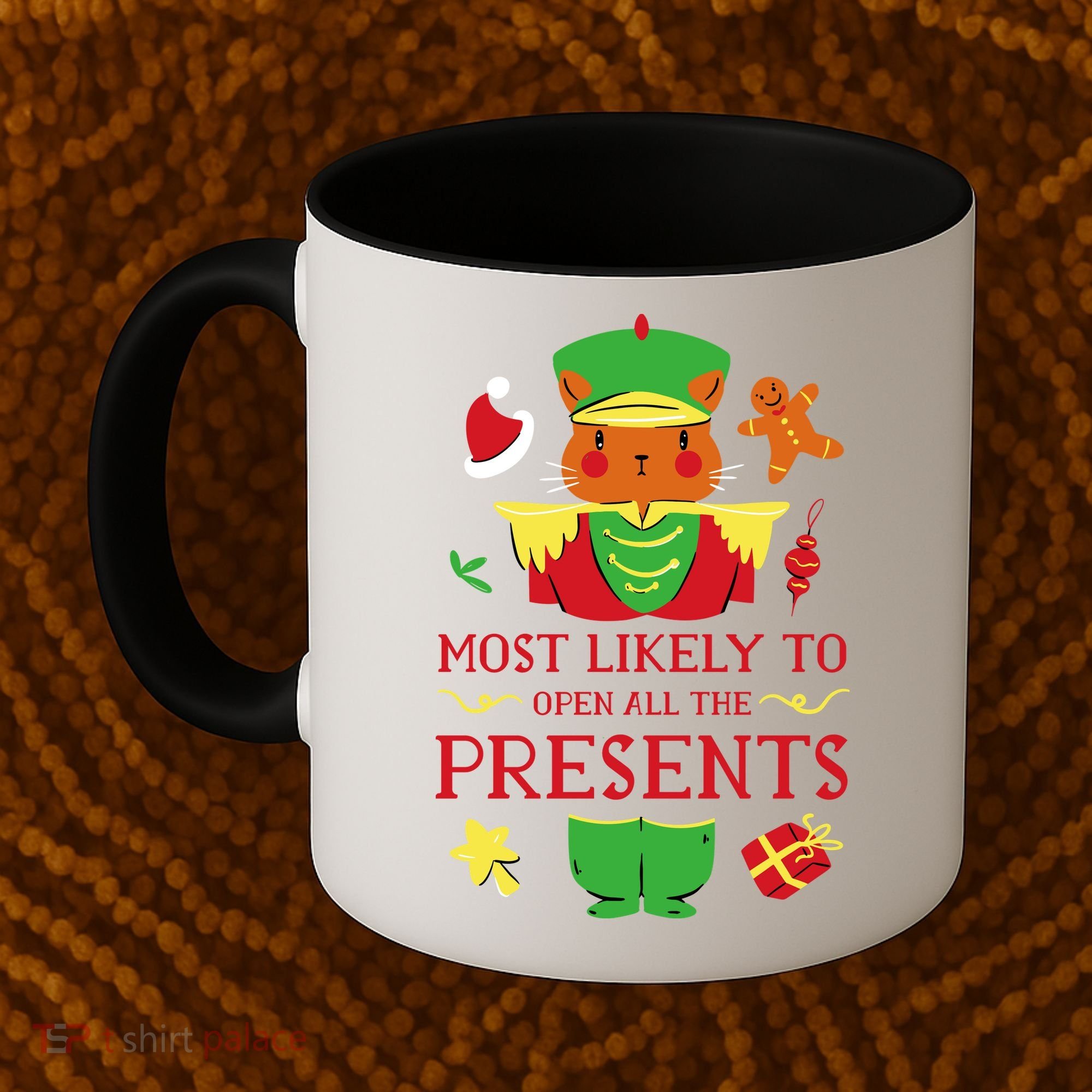 Most Likely To Open All The Presents Funny Christmas Cat Santa Coffee Mug