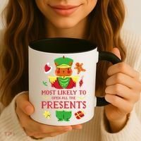 Most Likely To Open All The Presents Funny Christmas Cat Santa Coffee Mug thumb 3