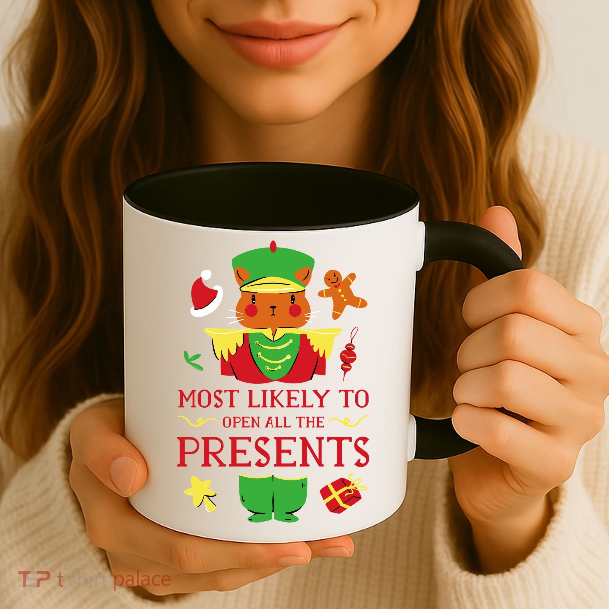 Most Likely To Open All The Presents Funny Christmas Cat Santa Coffee Mug