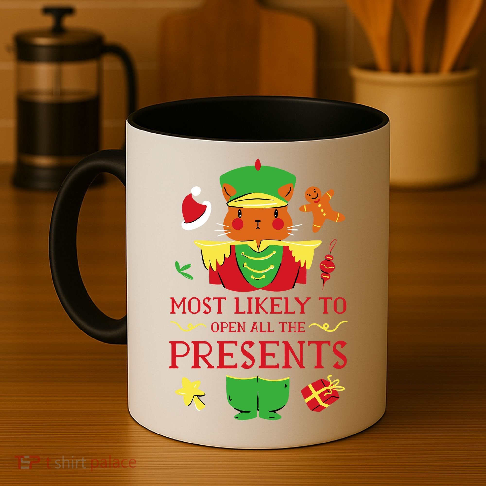 Most Likely To Open All The Presents Funny Christmas Cat Santa Coffee Mug