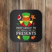 Most Likely To Open All The Presents Funny Christmas Cat Santa Coaster thumb 0