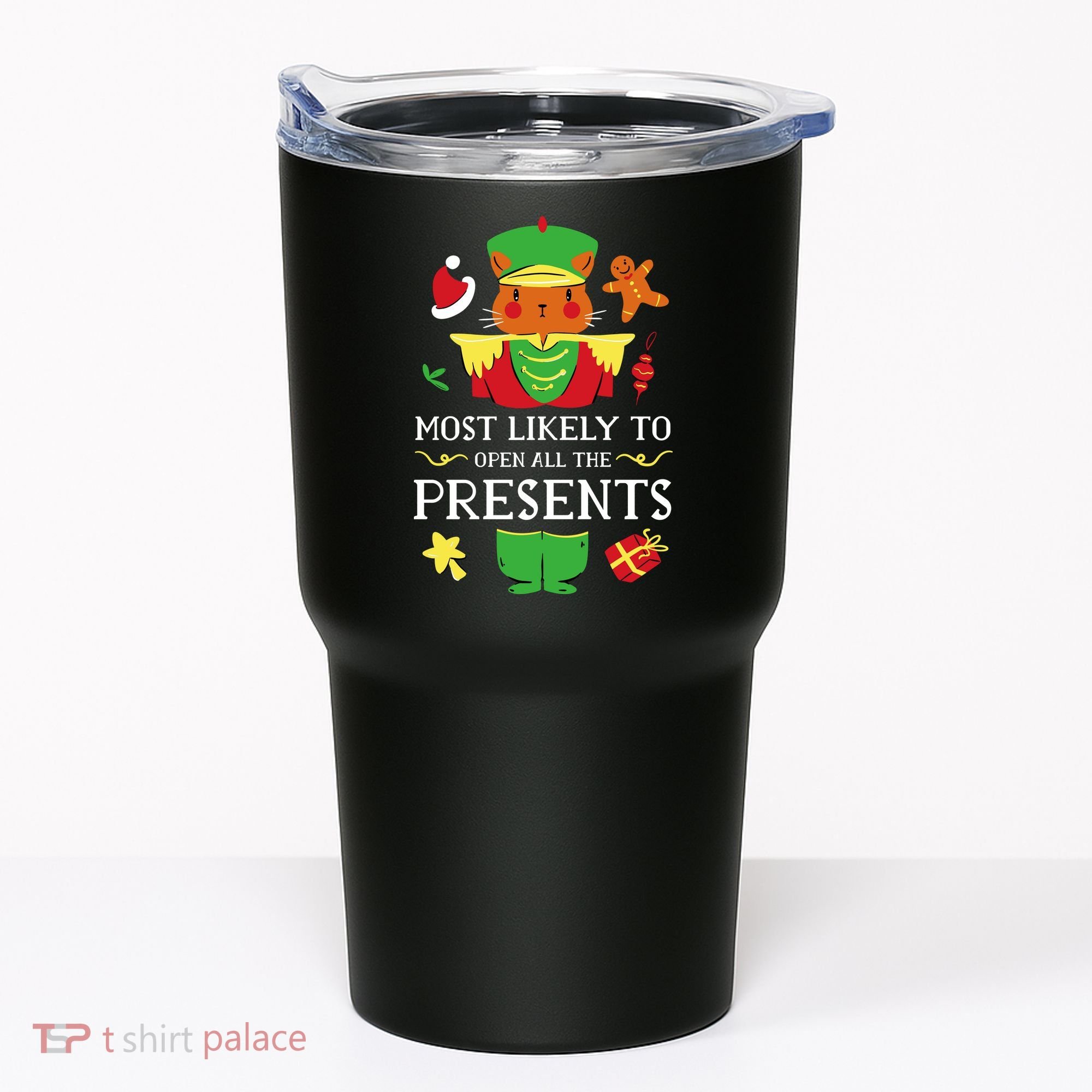 Most Likely To Open All The Presents Funny Christmas Cat Santa Tumbler