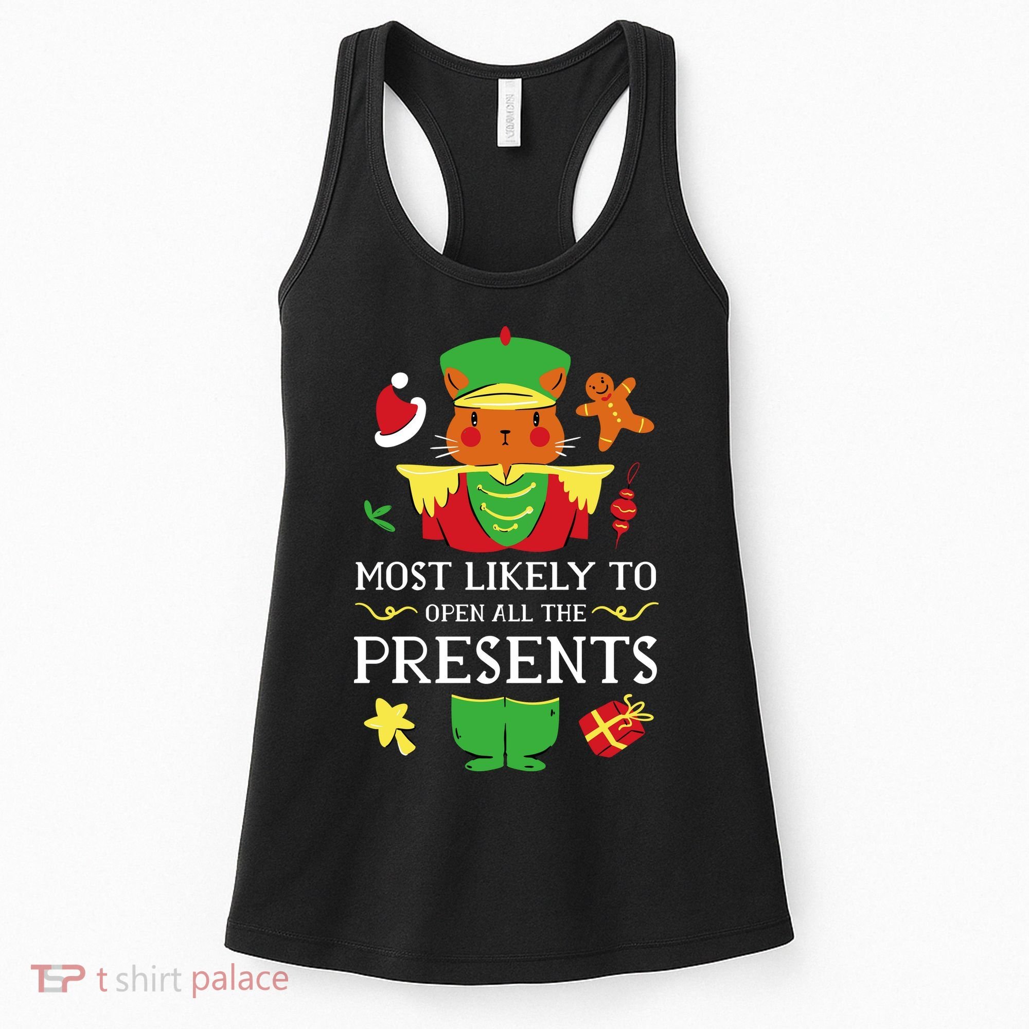 Most Likely To Open All The Presents Funny Christmas Cat Santa Women's Tank Top