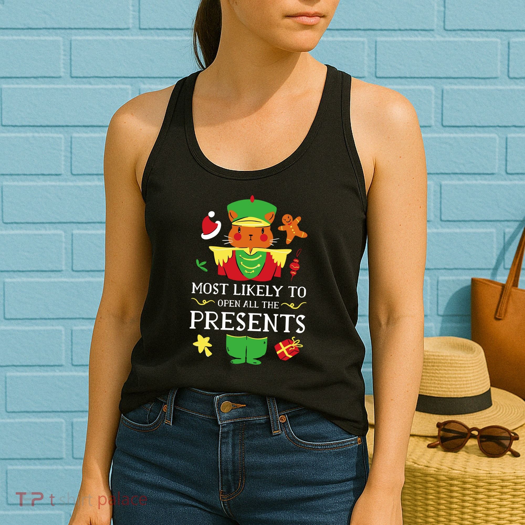 Most Likely To Open All The Presents Funny Christmas Cat Santa Women's Tank Top