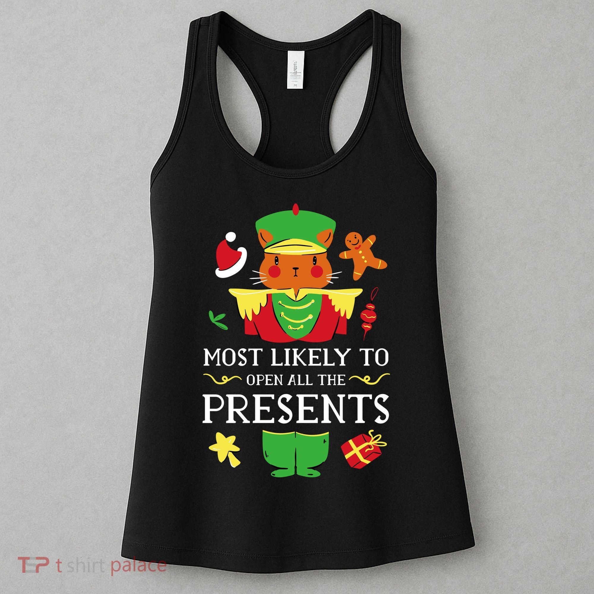 Most Likely To Open All The Presents Funny Christmas Cat Santa Women's Tank Top