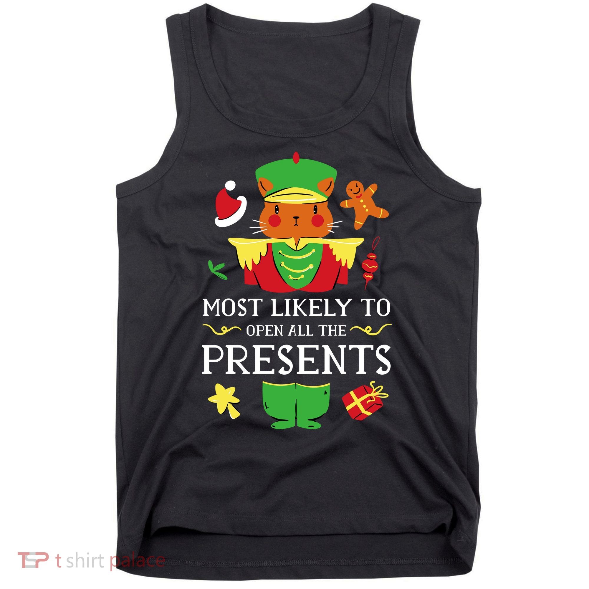Most Likely To Open All The Presents Funny Christmas Cat Santa Tank Top