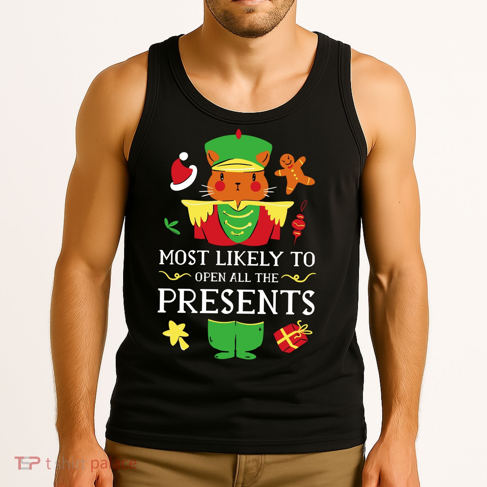 Most Likely To Open All The Presents Funny Christmas Cat Santa Tank Top