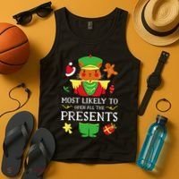 Most Likely To Open All The Presents Funny Christmas Cat Santa Tank Top thumb 4