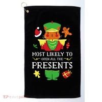 Most Likely To Open All The Presents Funny Christmas Cat Santa Golf Towel thumb 0