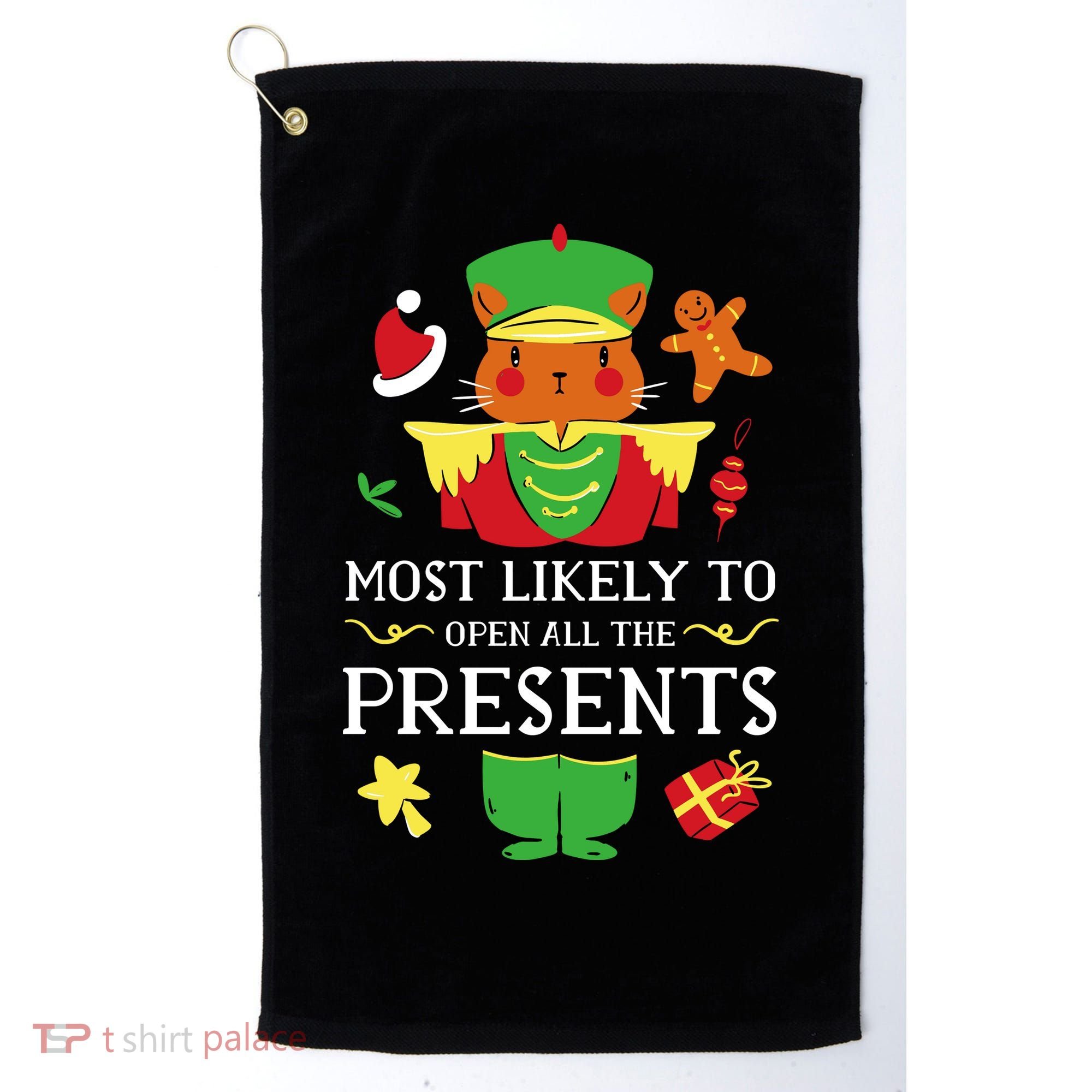 Most Likely To Open All The Presents Funny Christmas Cat Santa Golf Towel