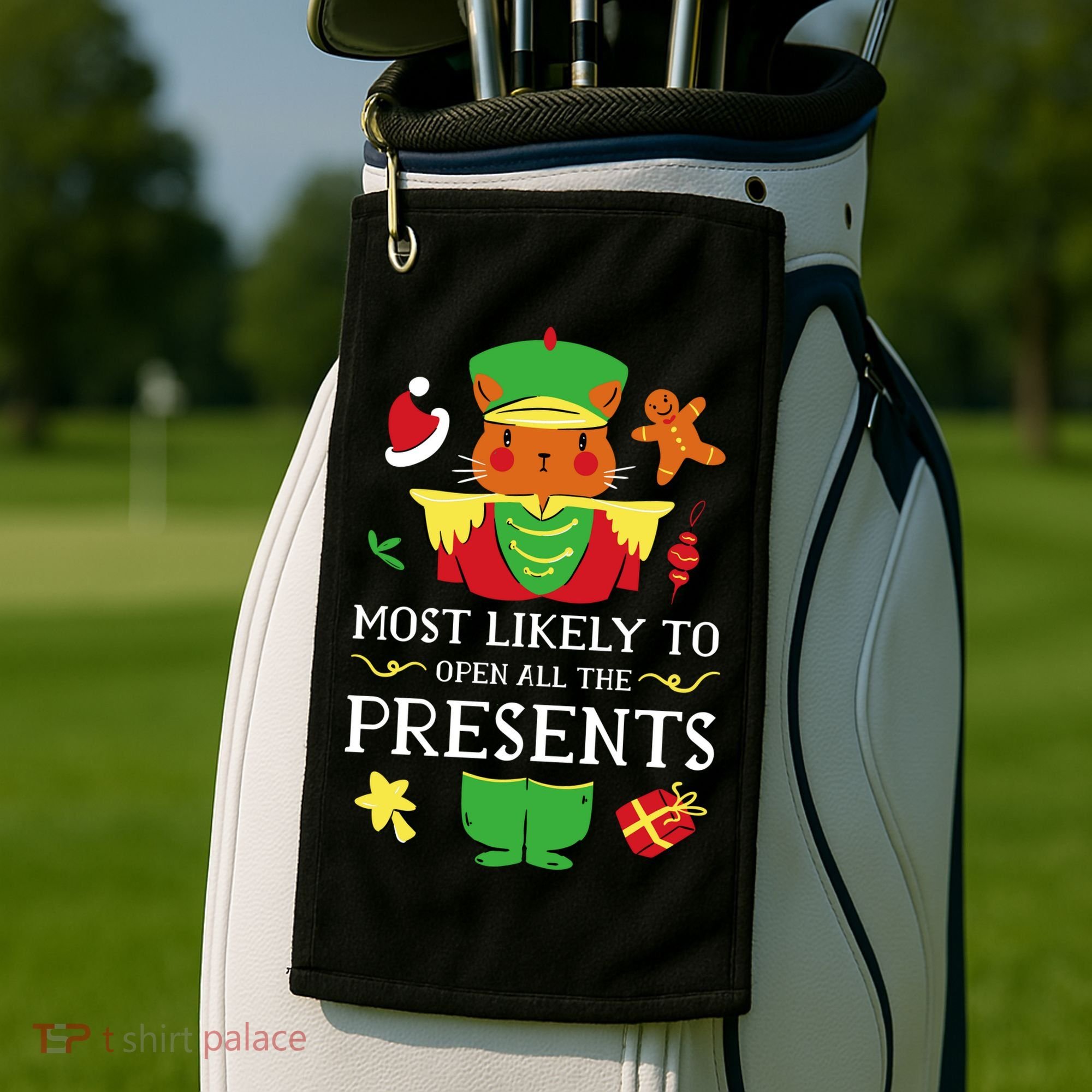 Most Likely To Open All The Presents Funny Christmas Cat Santa Golf Towel