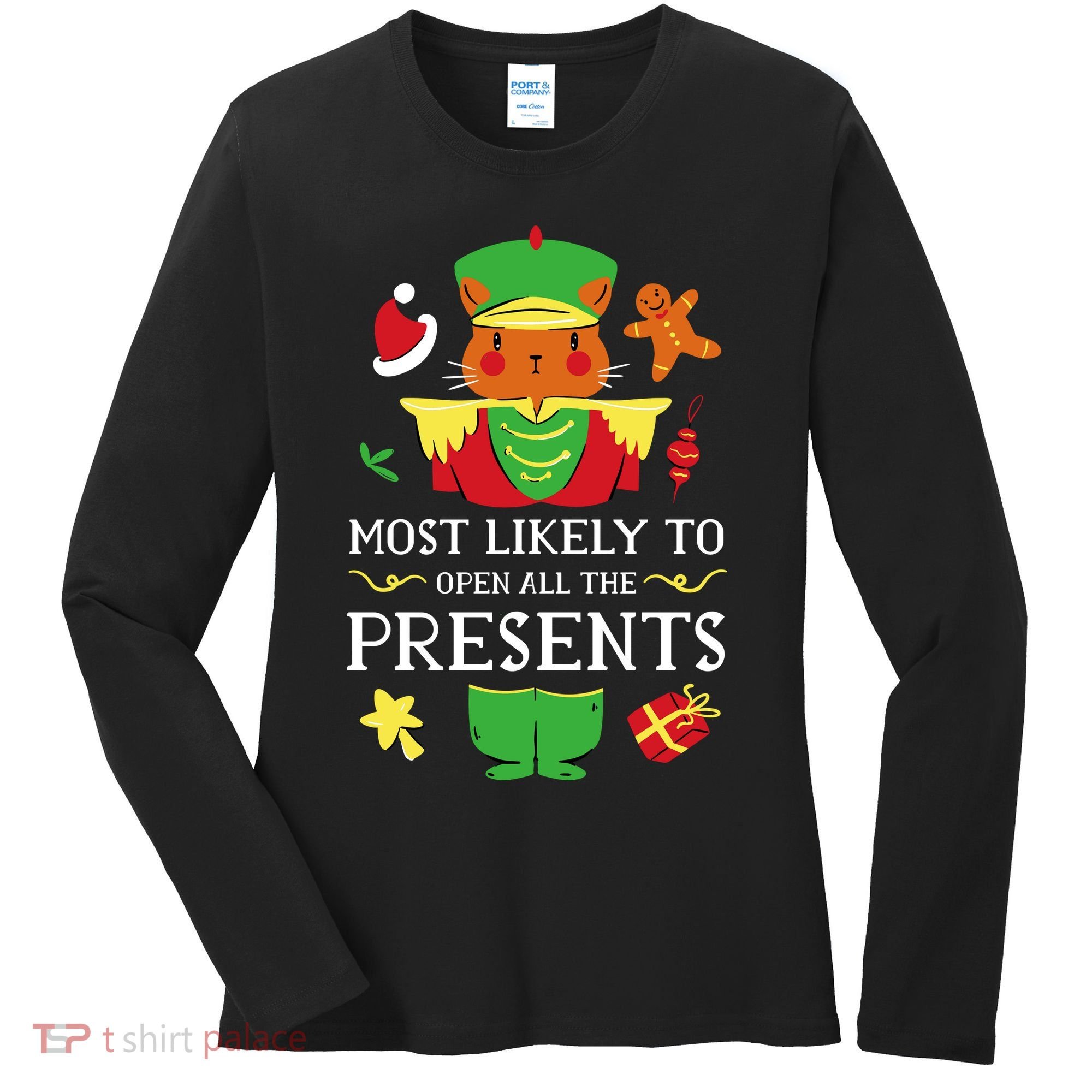 Most Likely To Open All The Presents Funny Christmas Cat Santa Women's Long Sleeve Shirt