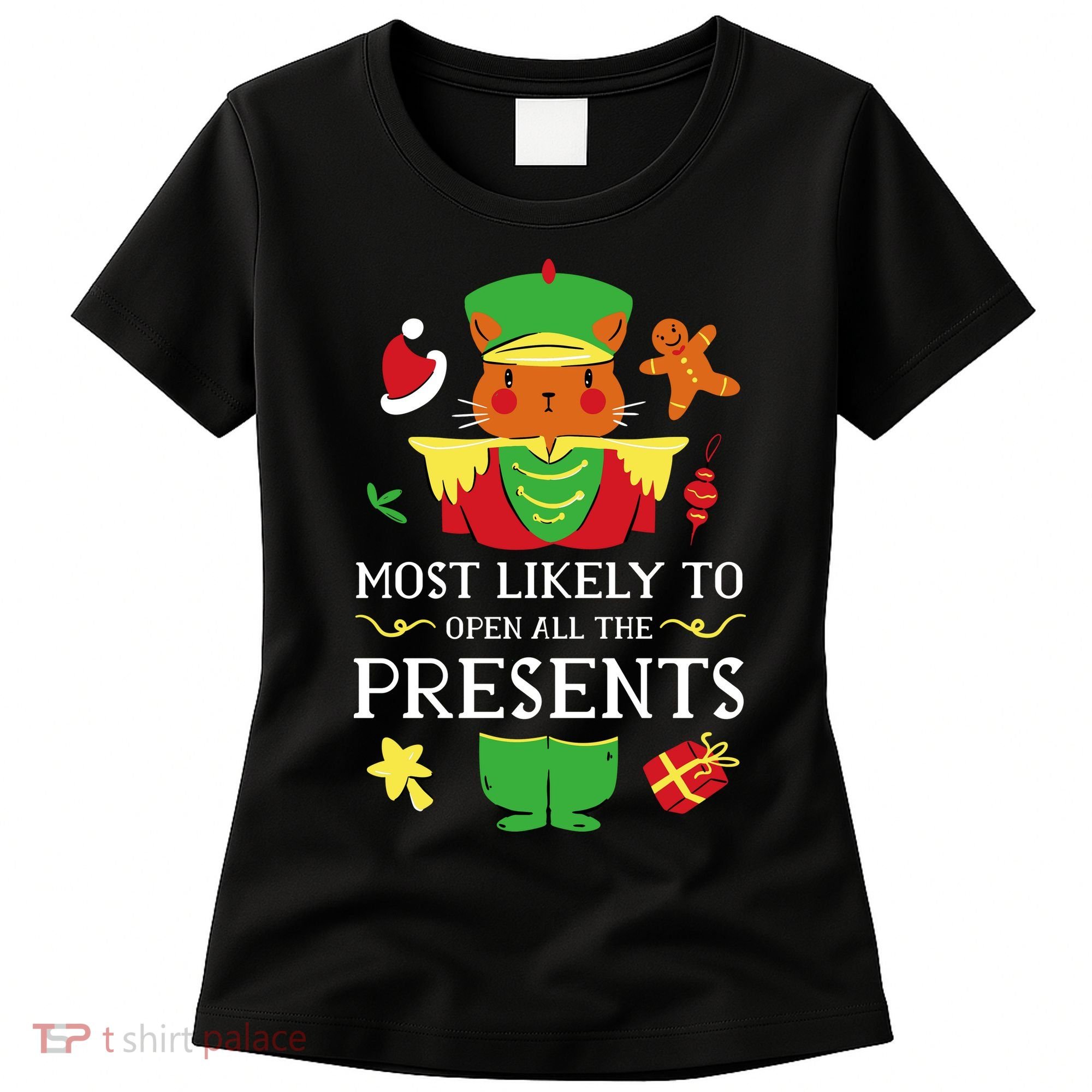 Most Likely To Open All The Presents Funny Christmas Cat Santa Women's T-Shirt