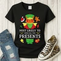 Most Likely To Open All The Presents Funny Christmas Cat Santa Women's T-Shirt thumb 3