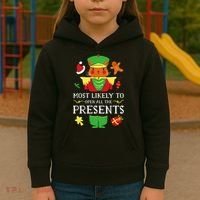Most Likely To Open All The Presents Funny Christmas Cat Santa Kids Hoodie thumb 3
