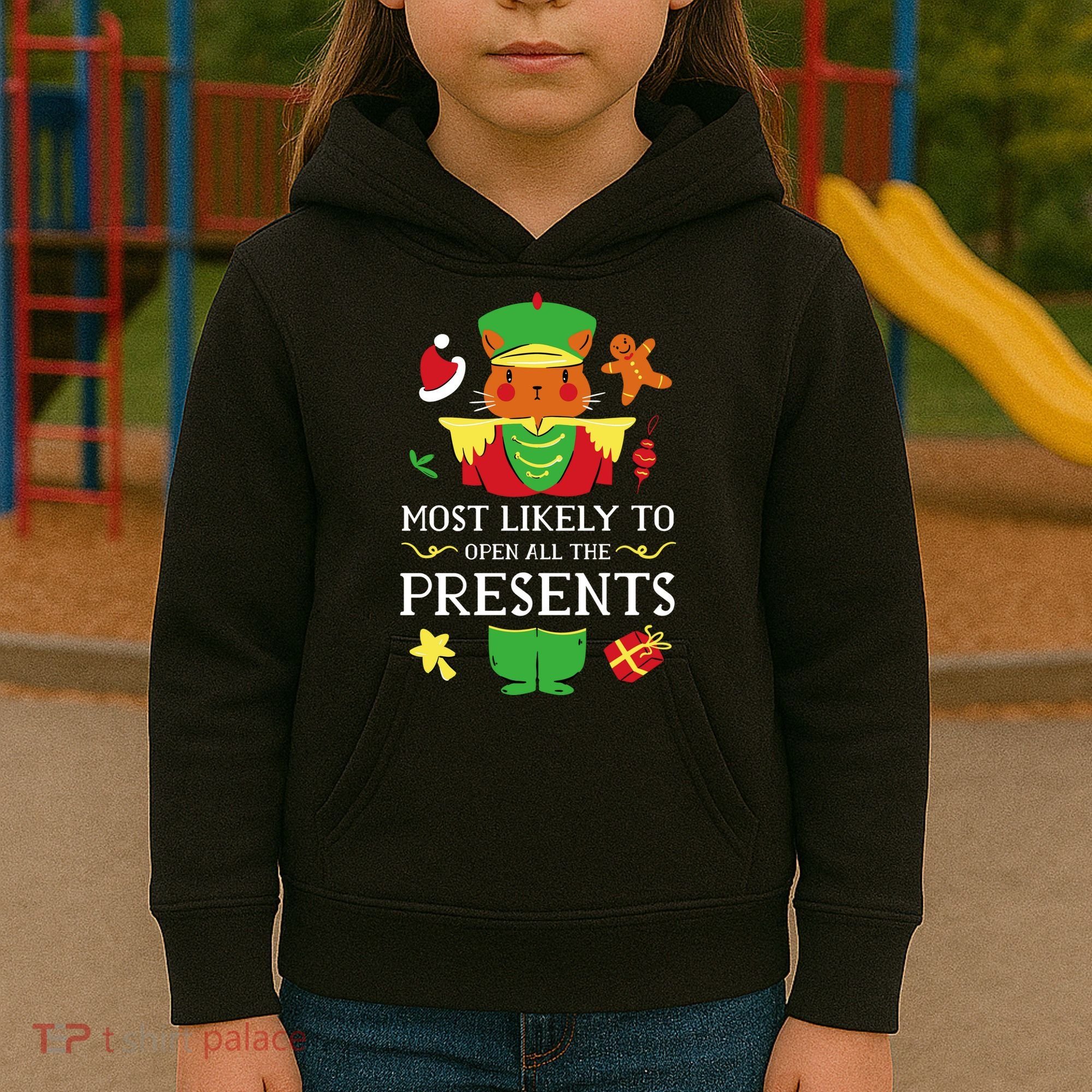 Most Likely To Open All The Presents Funny Christmas Cat Santa Kids Hoodie