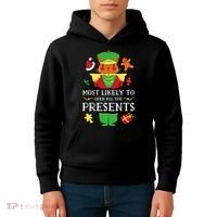 Most Likely To Open All The Presents Funny Christmas Cat Santa Kids Hoodie thumb 4