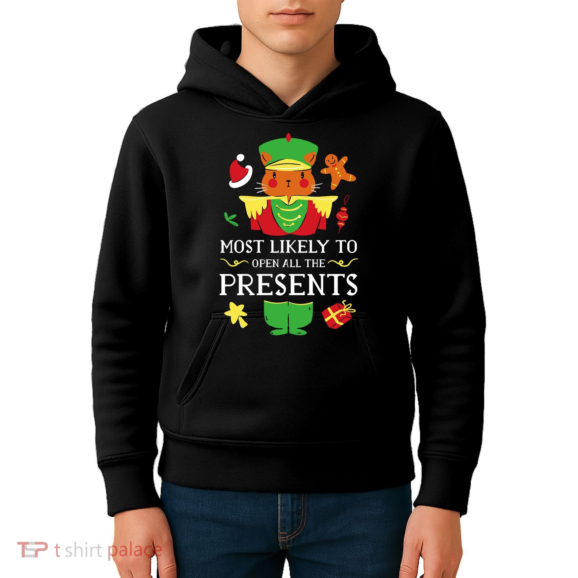 Most Likely To Open All The Presents Funny Christmas Cat Santa Kids Hoodie