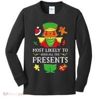 Most Likely To Open All The Presents Funny Christmas Cat Santa Kids Long Sleeve Shirt thumb 0