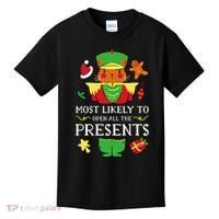 Most Likely To Open All The Presents Funny Christmas Cat Santa Kids T-Shirt thumb 0