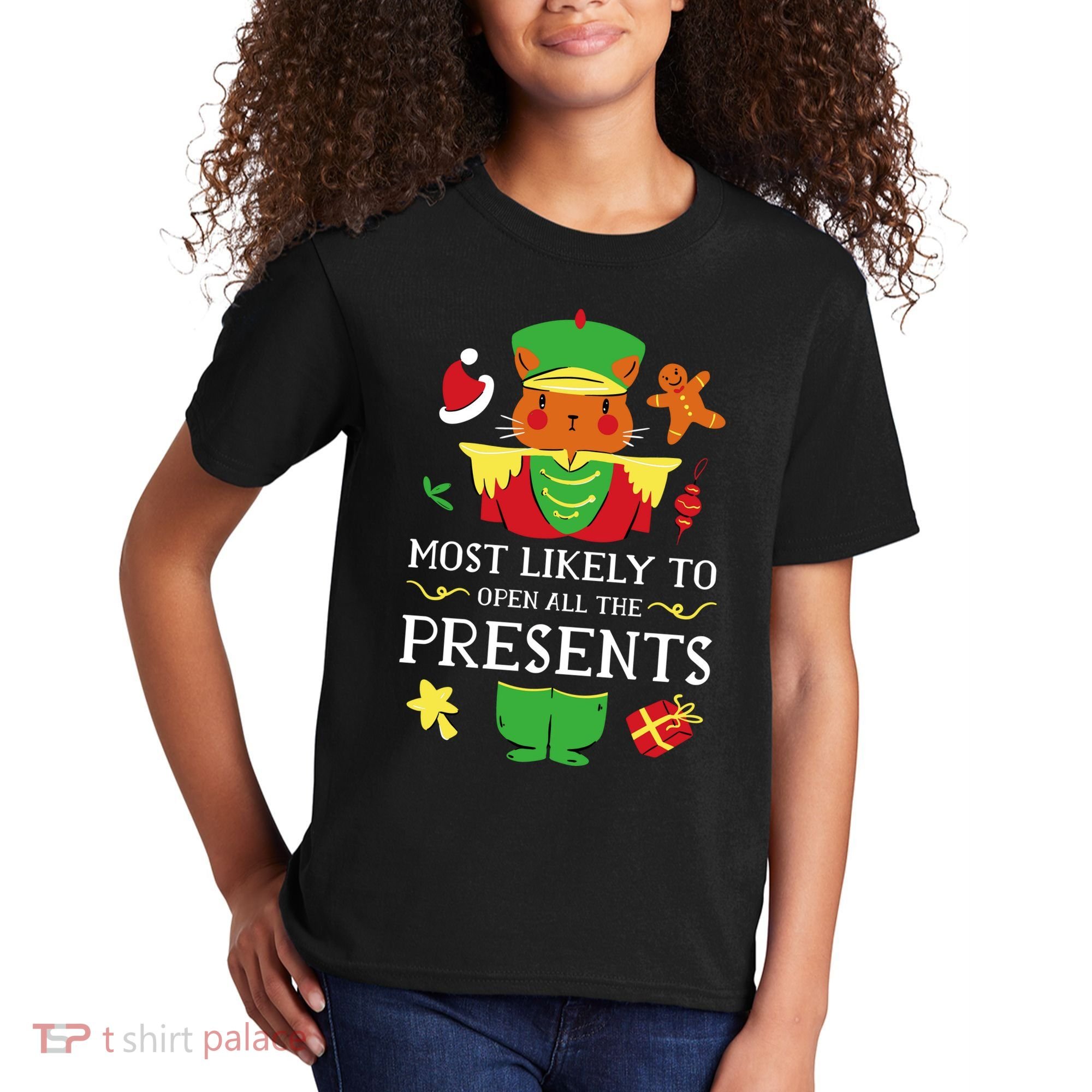Most Likely To Open All The Presents Funny Christmas Cat Santa Kids T-Shirt