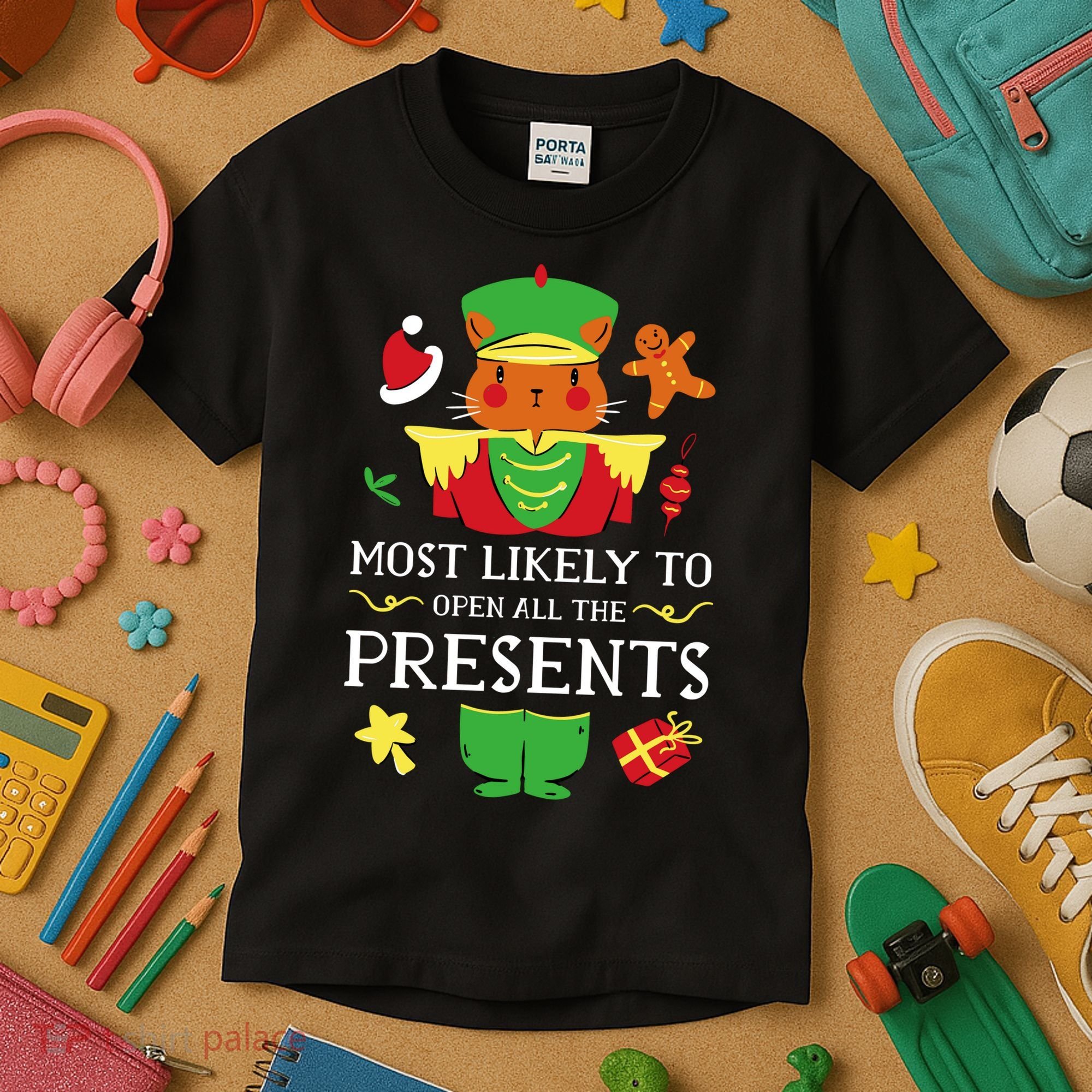 Most Likely To Open All The Presents Funny Christmas Cat Santa Kids T-Shirt