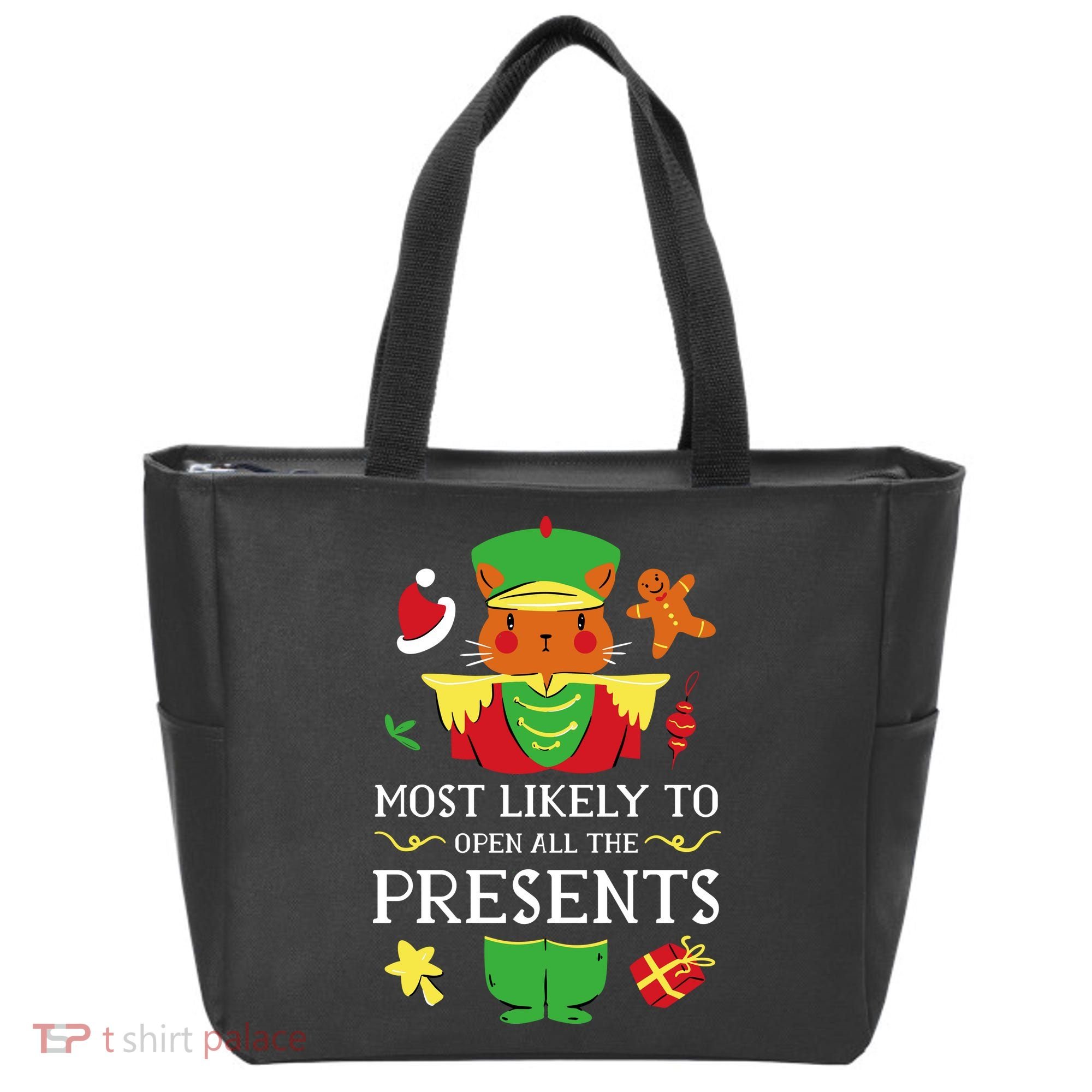 Most Likely To Open All The Presents Funny Christmas Cat Santa Tote Bag