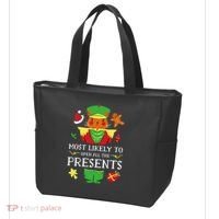 Most Likely To Open All The Presents Funny Christmas Cat Santa Tote Bag thumb 3